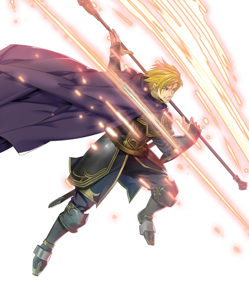 1boy, armor, armored_boots, aura, belt, blonde_hair, boots, cape, fire_emblem, fire_emblem:_the_binding_blade, fire_emblem_heroes, full_body, highres, official_art, perceval_(fire_emblem), polearm, solo, spear, sword, teeth, transparent_background, violet_eyes, weapon, yura_(ub4u)