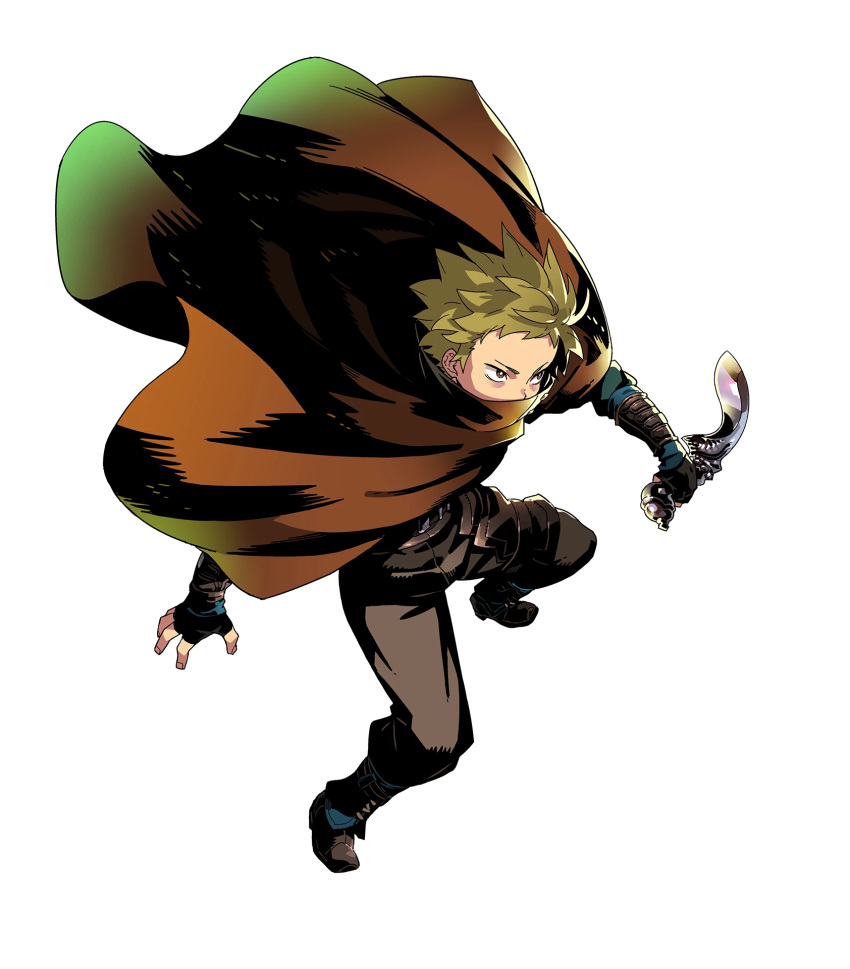1boy, belt, boots, brown_eyes, brown_hair, cape, chad_(fire_emblem), dagger, fingerless_gloves, fire_emblem, fire_emblem:_the_binding_blade, fire_emblem_heroes, full_body, gloves, highres, himukai_yuuji, official_art, solo, transparent_background, weapon