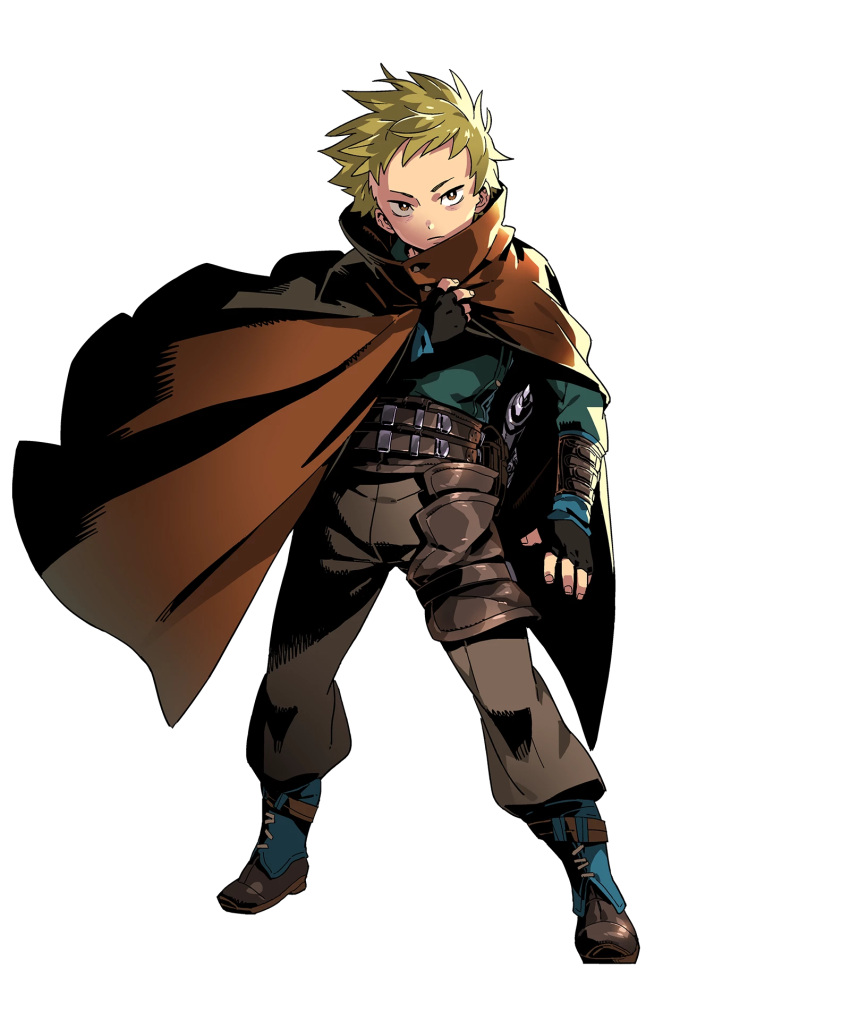 1boy, belt, boots, brown_eyes, brown_hair, cape, chad_(fire_emblem), fingerless_gloves, fire_emblem, fire_emblem:_the_binding_blade, fire_emblem_heroes, full_body, gloves, highres, himukai_yuuji, official_art, solo, transparent_background