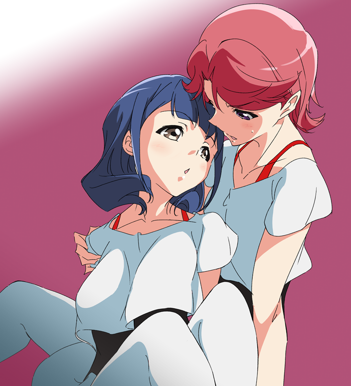 angry, black_leotard, brown_eyes, chestnut_mouth, couple, dark_pink_background, duo, eye_contact