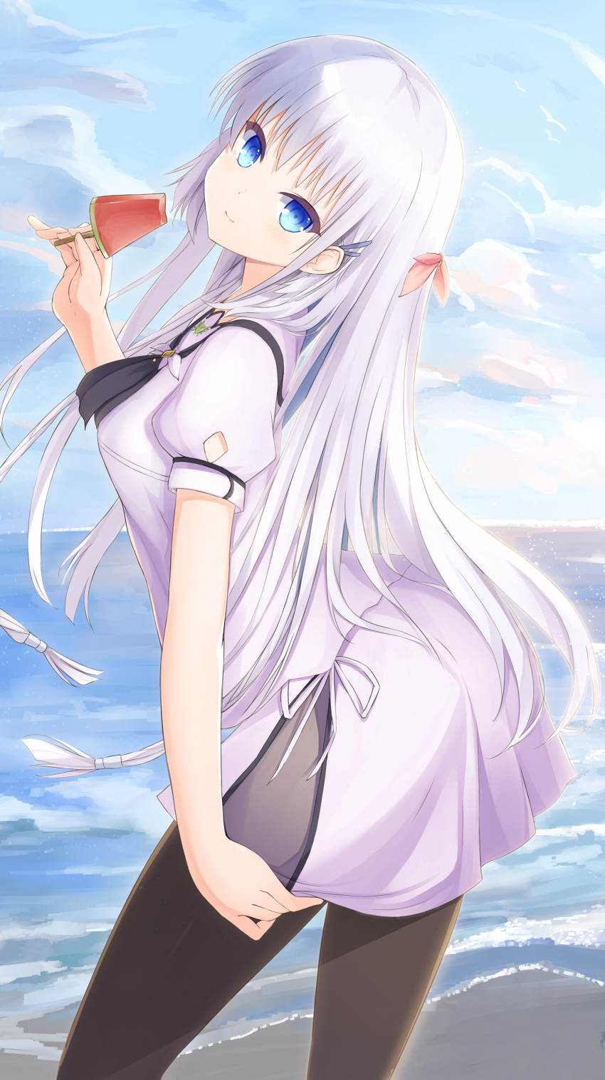 1girl, absurdres, arched_back, beach, blue_(9153585), blue_eyes, food, highres
