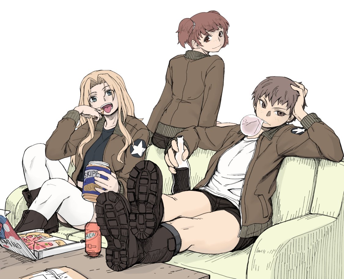 3girls, a&amp;w, alisa_(girls_und_panzer), blonde_hair, boots, bottle, brown_eyes, brown_hair