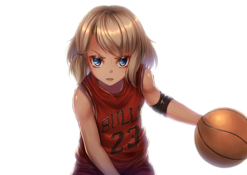 1girl, azur_lane, basketball, basketball_uniform, blonde_hair, blue_eyes, chicago_bulls, dribbling