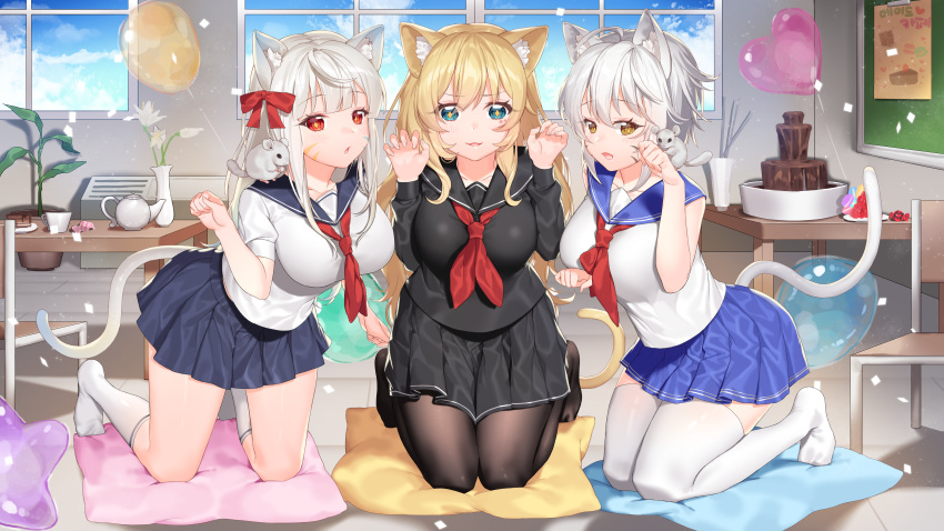 3girls, absurdres, ahoge, animal, animal_ears, bare_arms, bare_shoulders, black_legwear