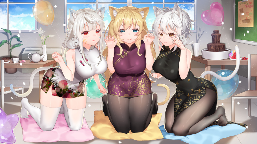 3girls, absurdres, ahoge, animal, animal_ears, bare_arms, bare_shoulders, black_dress