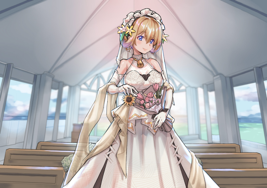 1girl, absurdres, alternate_costume, blonde_hair, blue_eyes, bouquet, bridal_veil, bride
