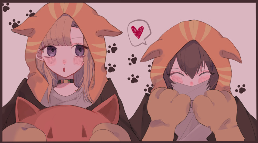 1boy, 1girl, animal_costume, animal_hood, brown_hair, cat_costume, cat_hood, chidouin_sara