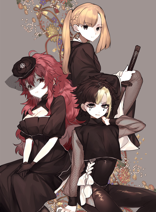 3girls, black_clothes, chidouin_sara, crop_top, dress, egokoro_nao, floral_print, funeral_dress