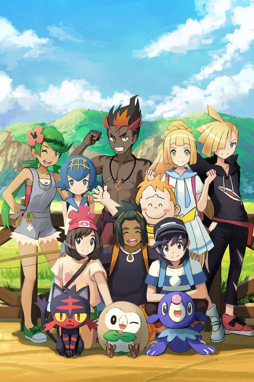 4girls, 5boys, :d, ;d, ^_^, arms_behind_back, backpack, bag