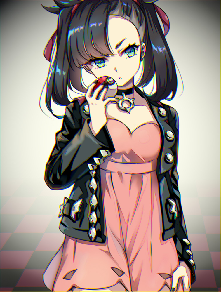 1girl, black_hair, black_jacket, black_nails, blue_eyes, checkered, checkered_floor, choker