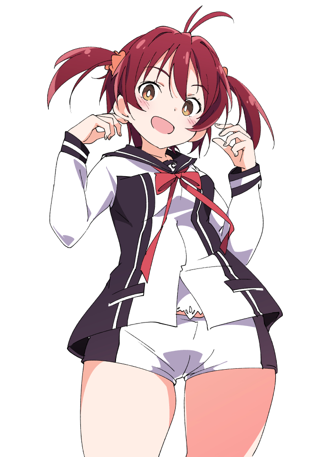 1girl, :d, black_legwear, blush, brown_eyes, hair_ornament, hair_scrunchie, isshiki_akane