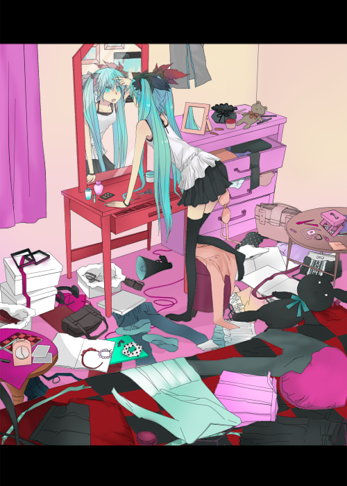 bedroom, casual, chest_of_drawers, green_eyes, green_hair, gyoniku_sausage, hatsune_miku, letterboxed