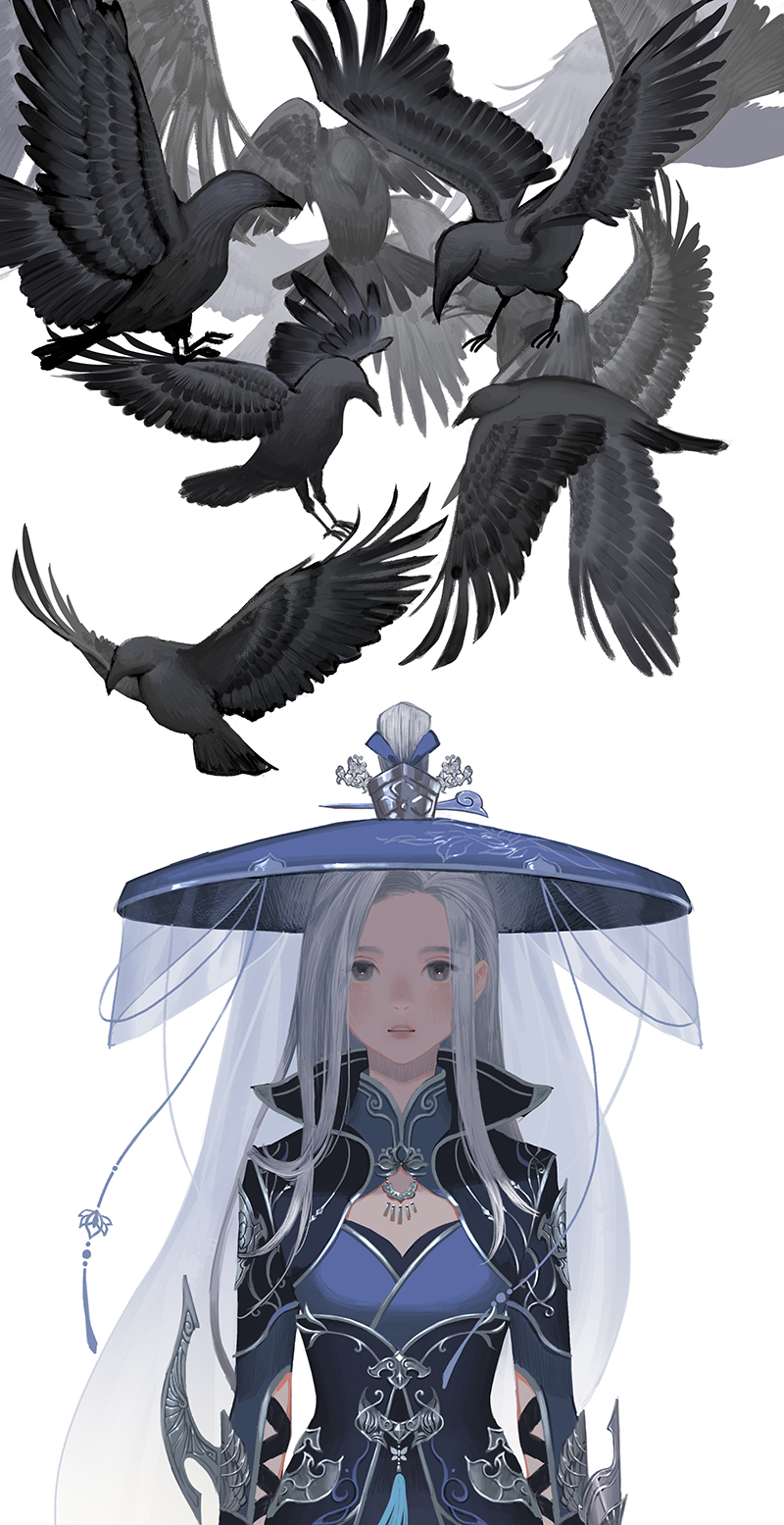 1girl, animal, arms_at_sides, bird, blade, blue_headwear, breasts, crow