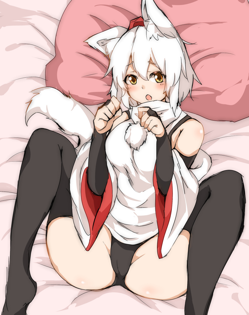 1girl, absurdres, animal_ear_fluff, animal_ears, bare_shoulders, black_legwear, black_panties, blush
