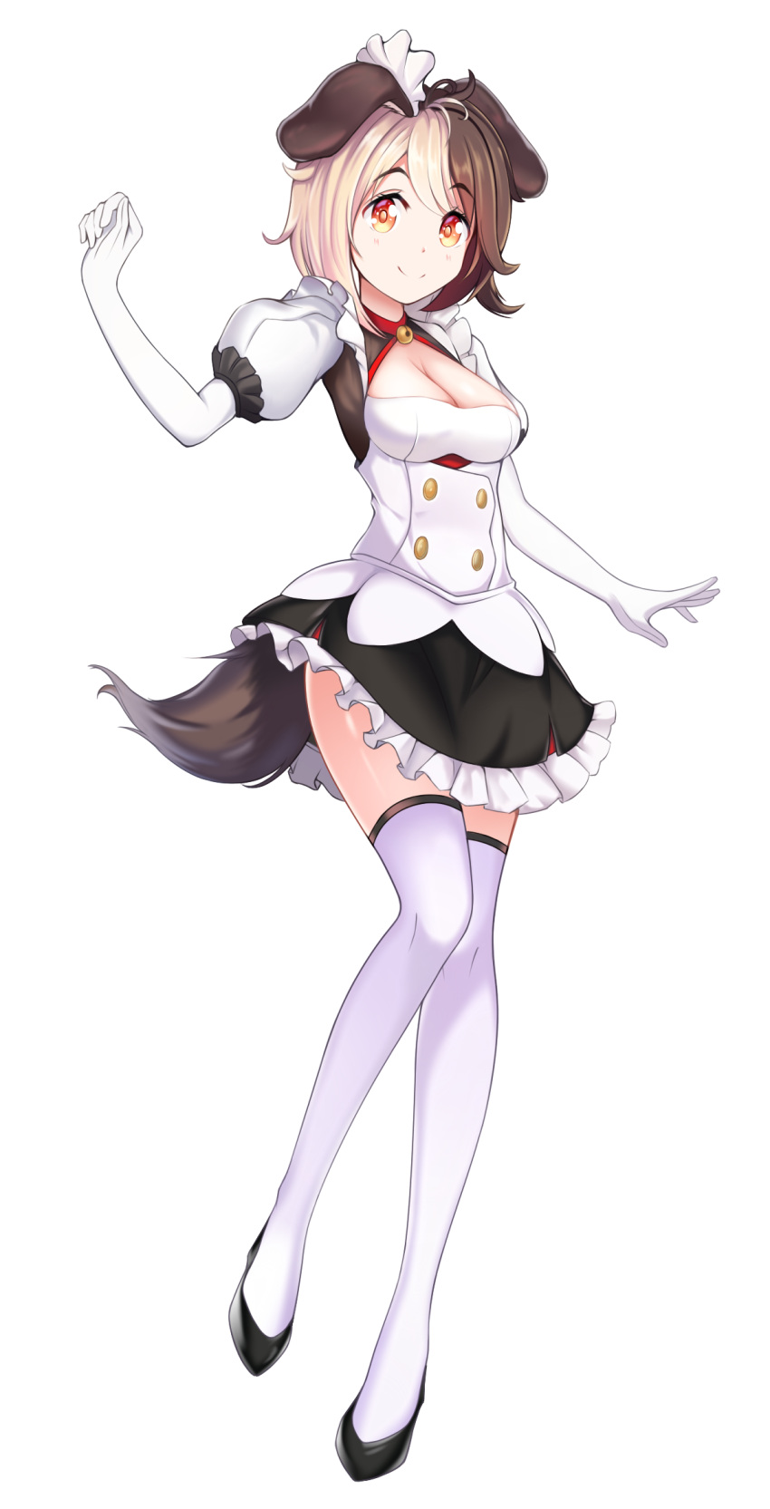 1girl, animal_ears, black_hair, blush, cleavage_cutout, dog_ears, dog_girl, dog_tail, dress, gloves, hachiko_(last_origin), highres, korean_commentary, last_origin, looking_at_viewer, multicolored_hair, red_eyes, riya_m, short_dress, smile, tail, thigh-highs, two-tone_hair, white_gloves, white_hair, white_legwear