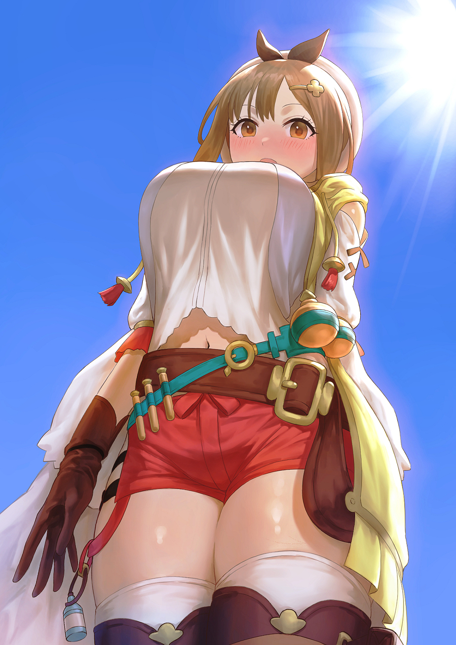 1girl, atelier_(series), atelier_ryza, backlighting, belt, blue_belt, blue_sky, blush