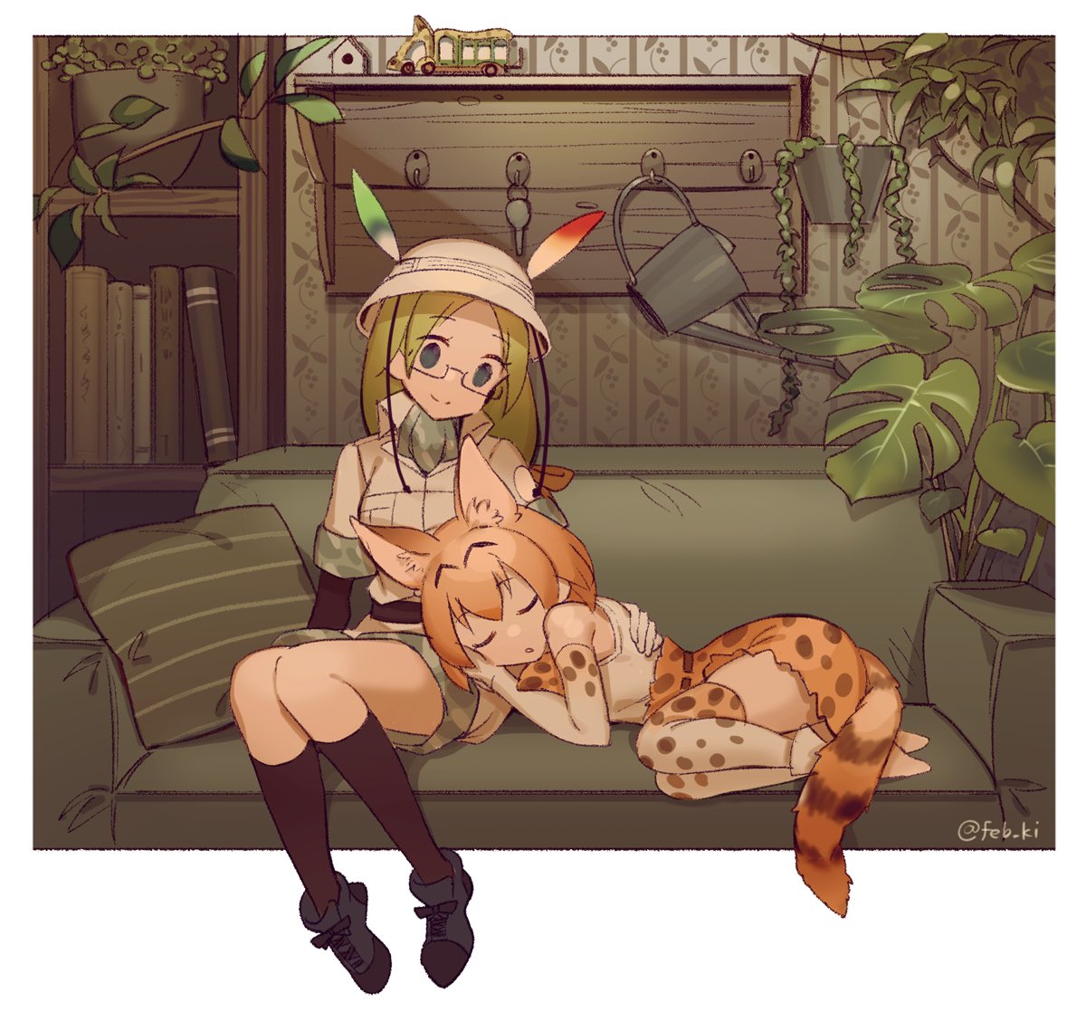 2girls, animal_ears, bare_shoulders, black_gloves, black_legwear, blonde_hair, blue_eyes, boots, bow, bowtie, camouflage_trim, closed_eyes, couch, curled_up, elbow_gloves, eyebrows_visible_through_hair, feb_ki, glasses, gloves, green_hair, hair_tie, hand_on_another's_shoulder, hat_feather, helmet, high-waist_skirt, kemono_friends, kemono_friends_3, khakis, long_hair, mirai_(kemono_friends), multiple_girls, pith_helmet, print_gloves, print_legwear, print_neckwear, print_skirt, serval_(kemono_friends), serval_ears, serval_girl, serval_print, serval_tail, shirt, shoes, short_hair, shorts, sitting, skirt, sleeping, sleeping_on_person, sleeveless, socks, tail, thigh-highs, uniform, white_shirt, zettai_ryouiki