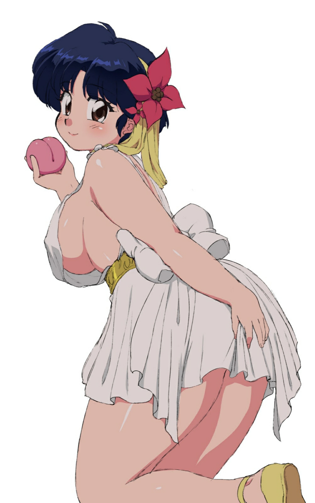 1girl, belt, black_hair, blush, bow, breasts, brown_eyes, commentary_request, covering, covering_ass, dress, flower, food, fruit, hair_flower, hair_ornament, hair_ribbon, highres, holding, holding_food, holding_fruit, kneeling, large_breasts, legs_together, looking_at_viewer, mage_(harumagedon), no_bra, peach, ranma_1/2, revealing_clothes, ribbon, short_hair, sideboob, solo, tendou_akane, thighs, white_background, white_bow, white_dress, yellow_footwear