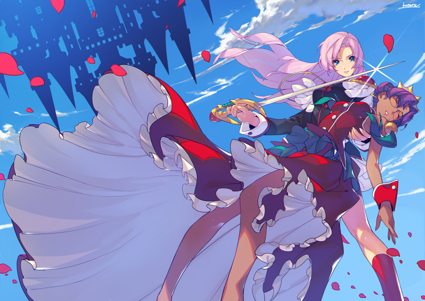 2girls, aiguillette, bindi, blue_eyes, blue_sky, breasts, commentary, crown
