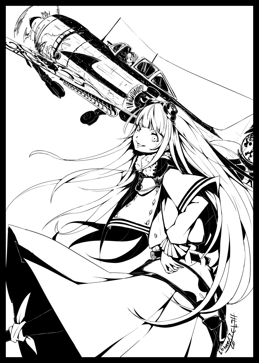1girl, absurdres, aircraft, airplane, belt, double_bun, goggles, goggles_on_head, greyscale, highres, kouya_no_kotobuki_hikoutai, long_hair, moa_(kouya_no_kotobuki_hikoutai), monochrome, multiple_views, nanase_kiyomasa, skirt, smile, standing, very_long_hair