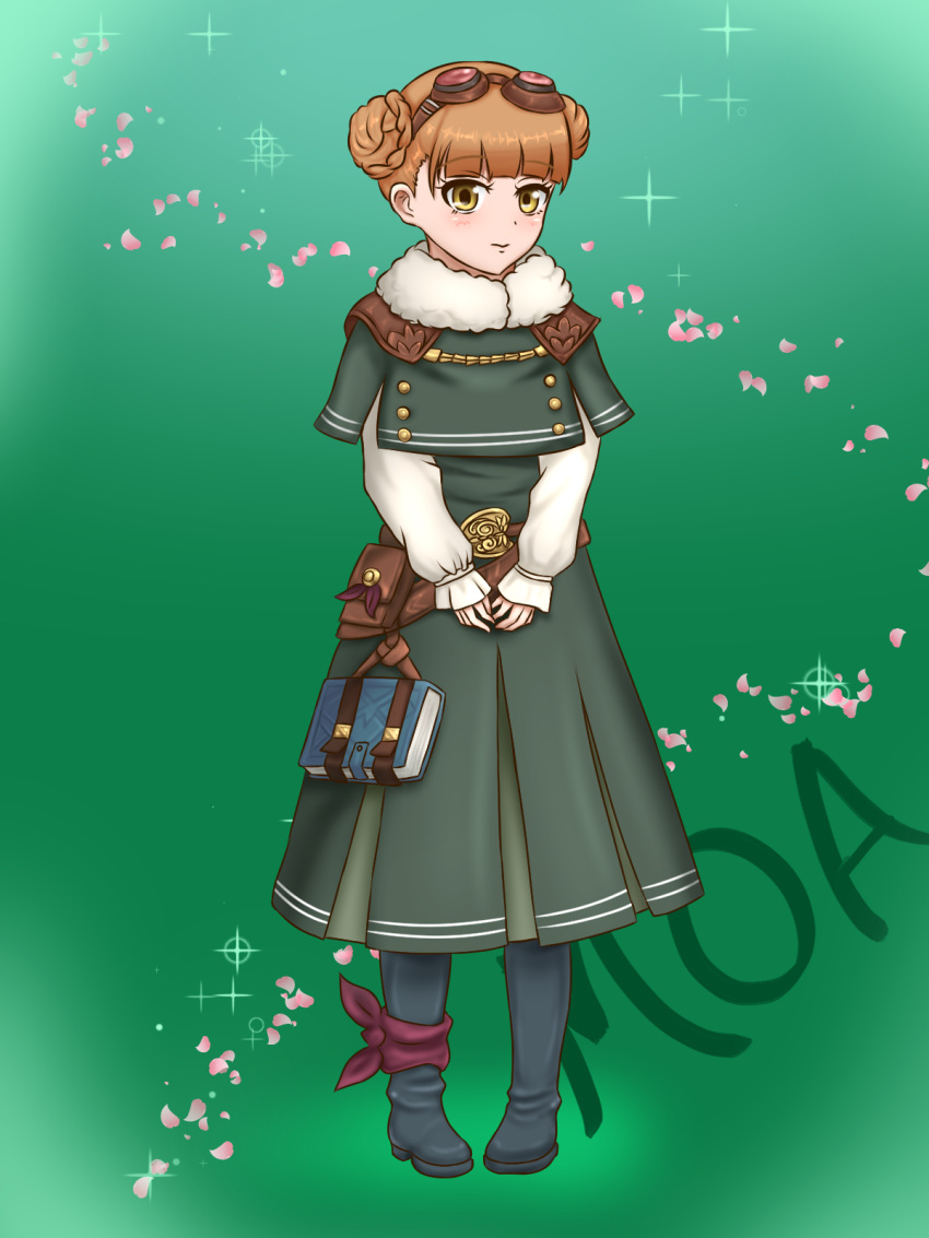 1girl, black_footwear, book, boots, braid, braided_bun, brown_hair, character_name