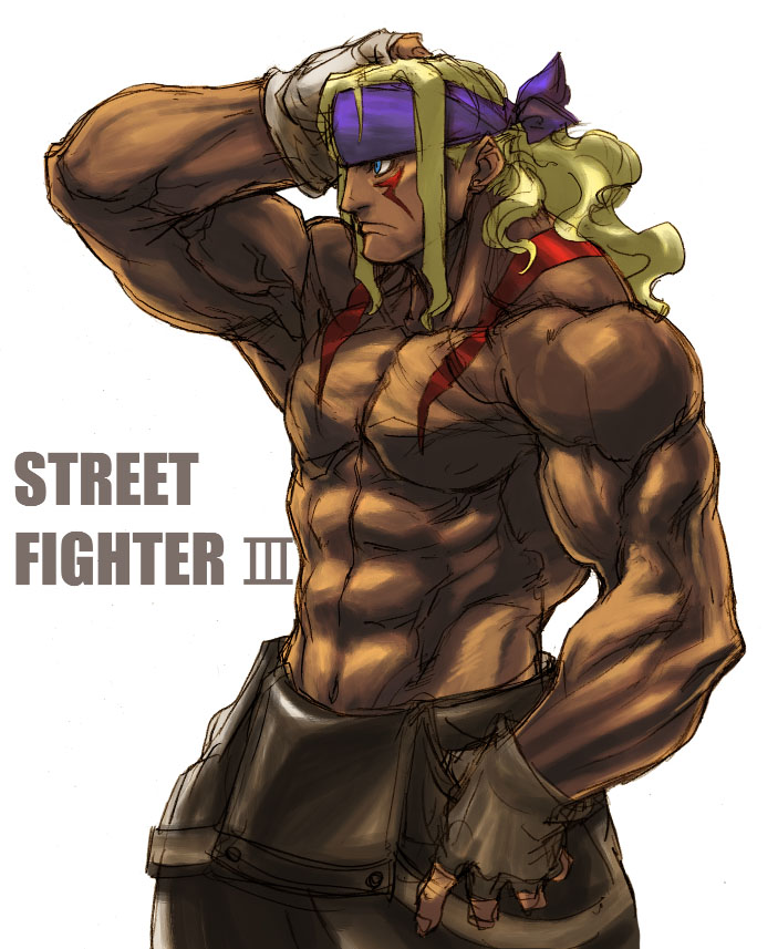 3rd_strike, alex, bare_shoulders, blonde_hair, blue_eyes, capcom, downsuspenders, fingerless_gloves