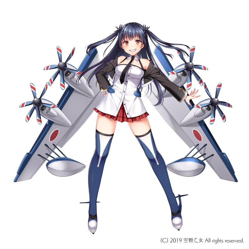 1girl, bangs, bare_shoulders, black_hair, black_jacket, blue_legwear, blush, breasts, character_request, cropped_jacket, dress, eyebrows_visible_through_hair, full_body, grin, hair_ornament, hand_on_hip, itou_nanami, jacket, kuusen_otome_sky_valkyries, long_hair, long_sleeves, mecha_musume, medium_breasts, official_art, open_clothes, open_jacket, outstretched_arm, personification, pleated_skirt, propeller_hair_ornament, red_eyes, red_skirt, simple_background, skirt, smile, solo, standing, thigh-highs, two_side_up, very_long_hair, watermark, white_background, white_dress
