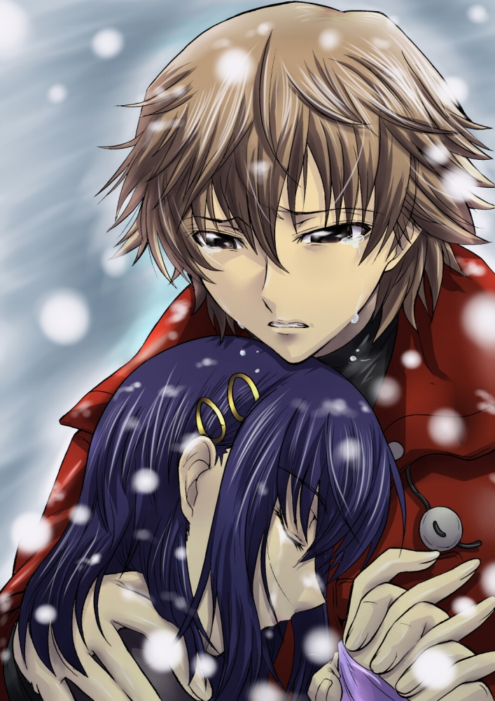 brown_hair, chin_rest, closed_eyes, embrace, holding, hug, kanzato_shin, morimoto_kanaru