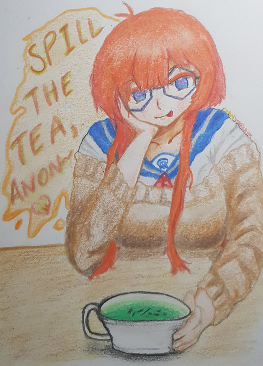 1girl, blue_eyes, blue_glasses, blush, cornstarchia, drawing, glasses, green_tea, heart-shaped_pupils, iacademy_confessions, koku-chan(iacademy_confessions), looking_at_viewer, orange_eyebrows, orange_hair, seifuku, sweater, table, teacup, tongue_out, traditional_art