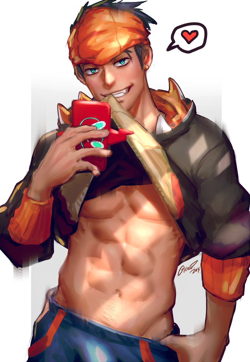 1boy, abs, bandana, black_hair, black_jacket, blue_eyes, blue_shorts, cellphone