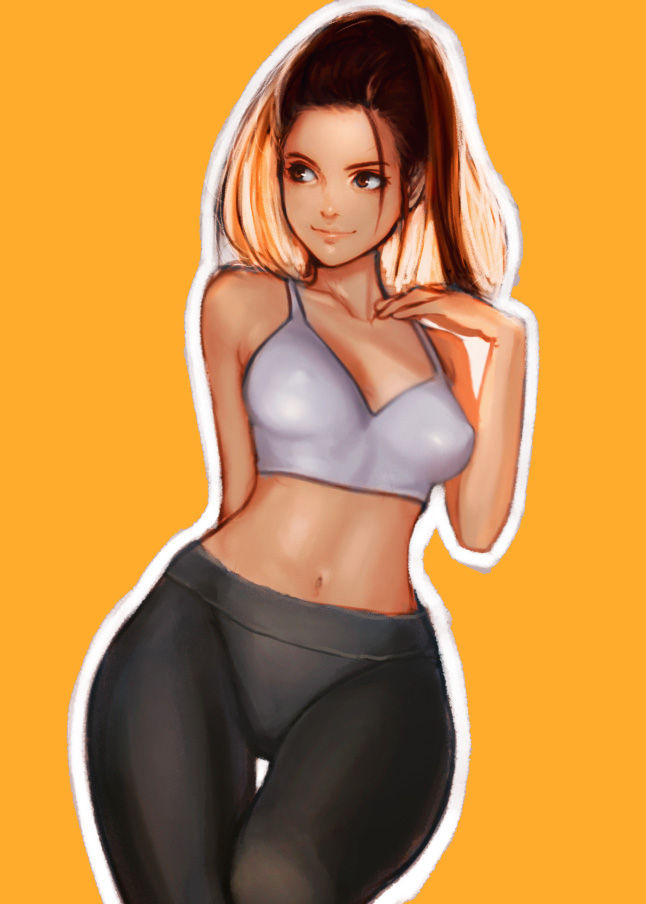 1girl, blonde_hair, breasts, brown_eyes, brown_hair, jungon_kim, large_breasts, long_hair