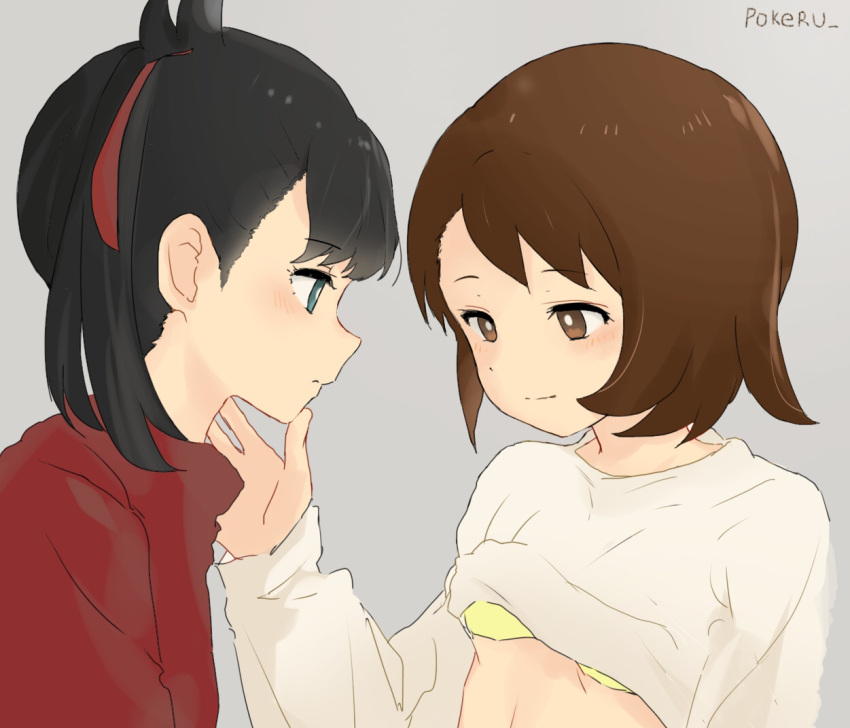 2girls, black_hair, bra, brown_eyes, brown_hair, grey_cardigan, long_sleeves, mary_(pokemon)