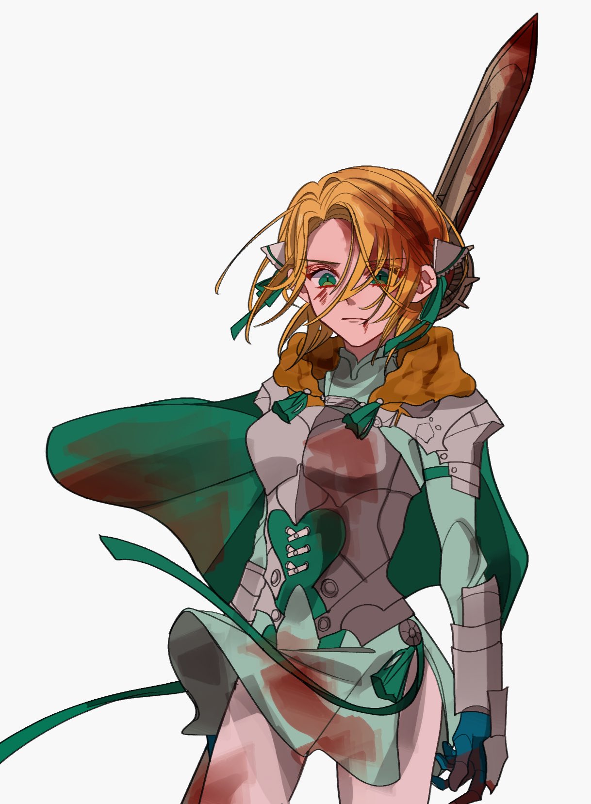 1girl, armor, bleeding, blonde_hair, blood, blood_from_mouth, blood_on_face, blood_stain