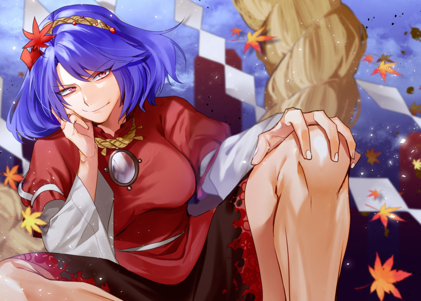 >:), 1girl, autumn_leaves, bangs, black_skirt, blue_hair, commentary_request, eyebrows_visible_through_hair, feet_out_of_frame, fuchina, hair_ornament, hand_up, highres, knee_up, leaf_hair_ornament, long_sleeves, looking_at_viewer, mirror, puffy_short_sleeves, puffy_sleeves, red_eyes, red_shirt, rope, shide, shimenawa, shirt, short_hair, short_sleeves, sitting, skirt, smile, solo, touhou, v-shaped_eyebrows, wide_sleeves, yasaka_kanako