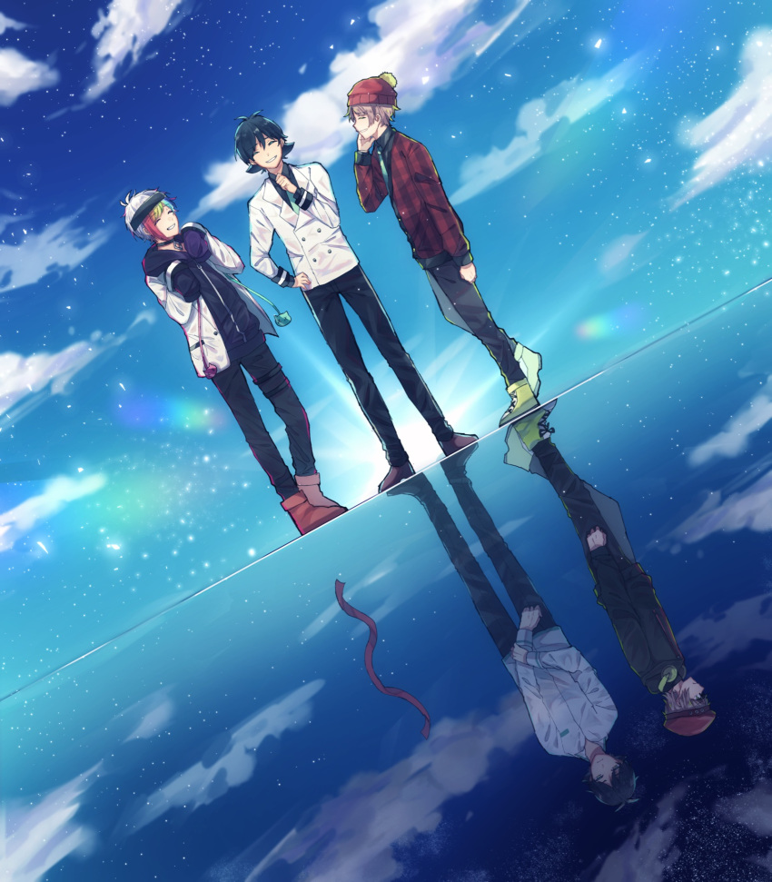 3boys, black_hair, black_pants, blue_neckwear, blue_sky, boots, brown_footwear, clouds