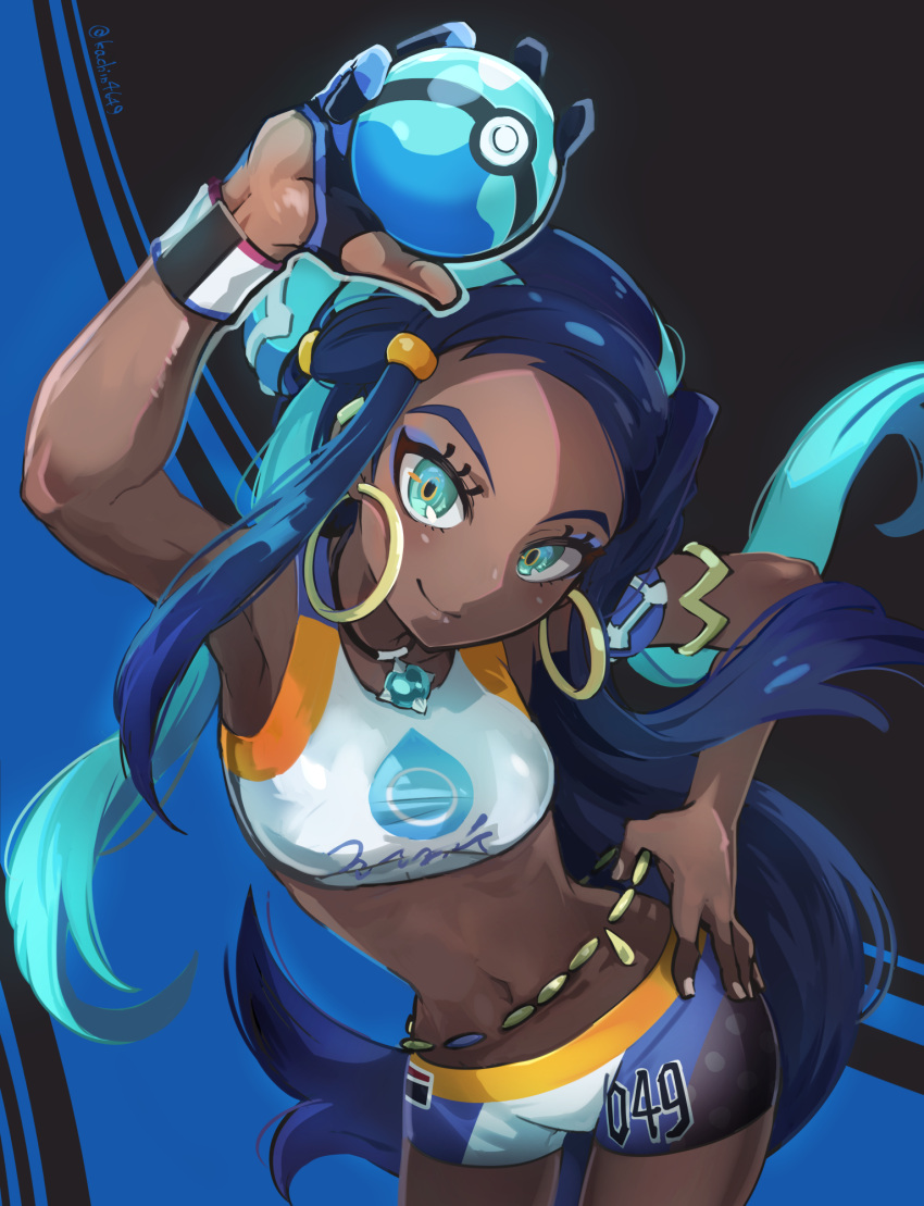 1girl, aqua_eyes, aqua_hair, arm_up, armlet, armpits, blue_hair, cowboy_shot