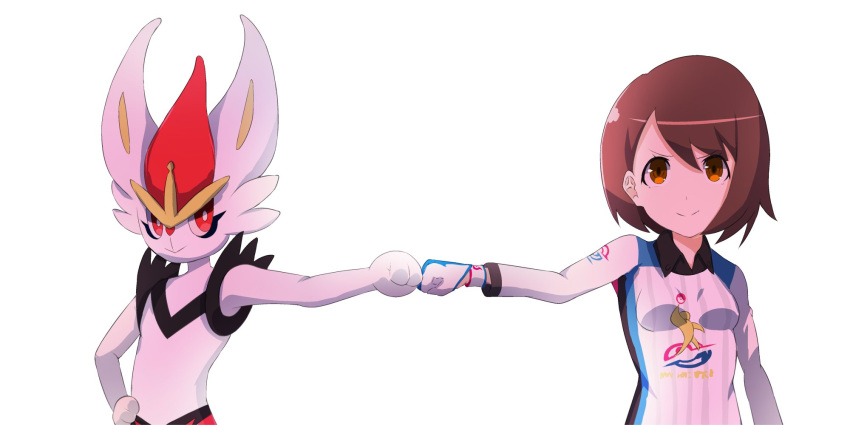 1girl, a-kiraa_(whisper), brown_eyes, brown_hair, cinderace, fist_bump, gen_8_pokemon, gloves