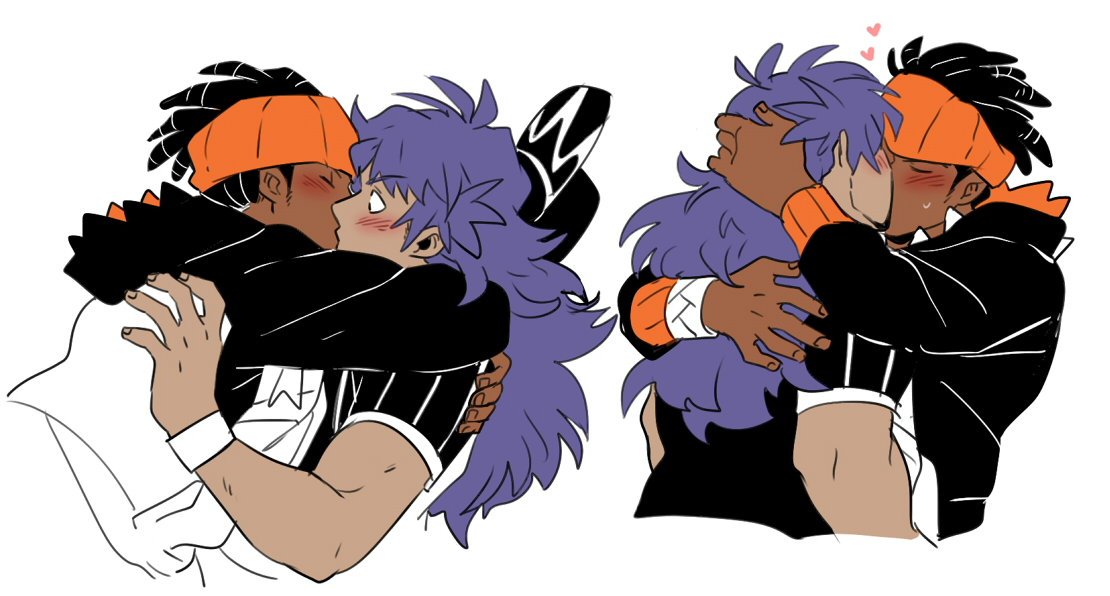 2boys, baseball_cap, blush, cropped_torso, dande_(pokemon), dark_skin, dark_skinned_male, english_commentary, gym_leader, hairlocs, hat, headwear_removed, heart, jacket, jersey, kibana_(pokemon), kiss, long_hair, male_focus, moosopp, multiple_boys, orange_headwear, pokemon, pokemon_(game), pokemon_swsh, purple_hair, sequential, simple_background, surprised, white_background, yaoi