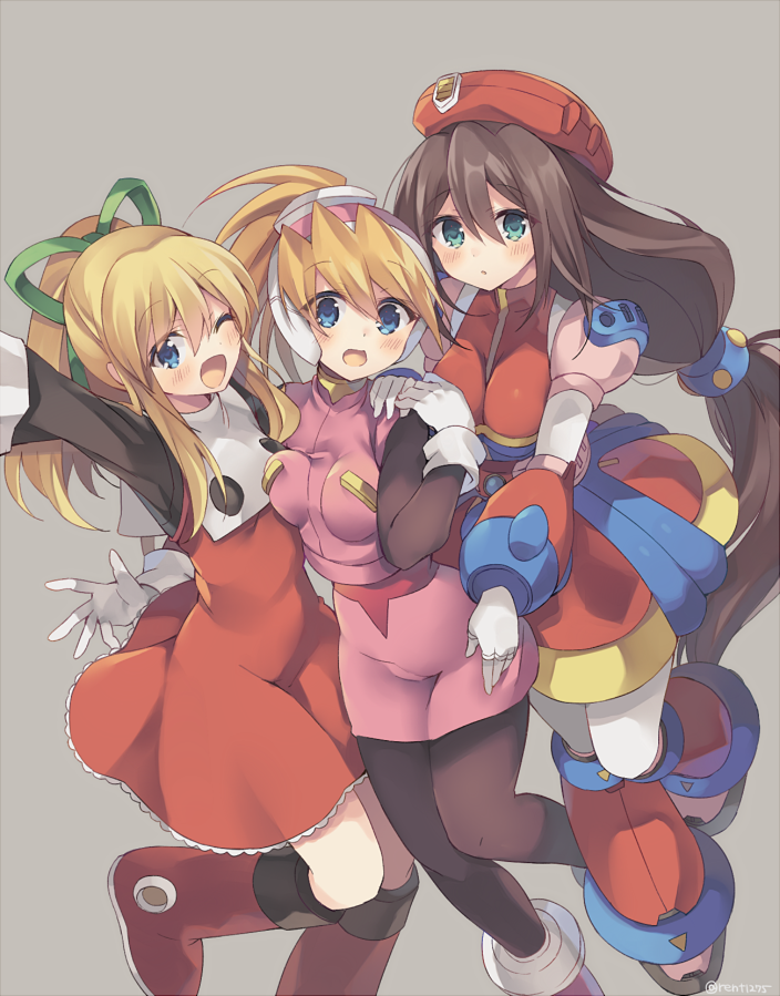 3girls, :d, android, bangs, beret, blonde_hair, blue_eyes, blush