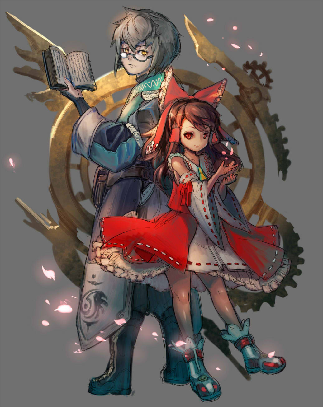 1boy, 1girl, bangs, belt_pouch, book, boots, brown_hair, curiosities_of_lotus_asia