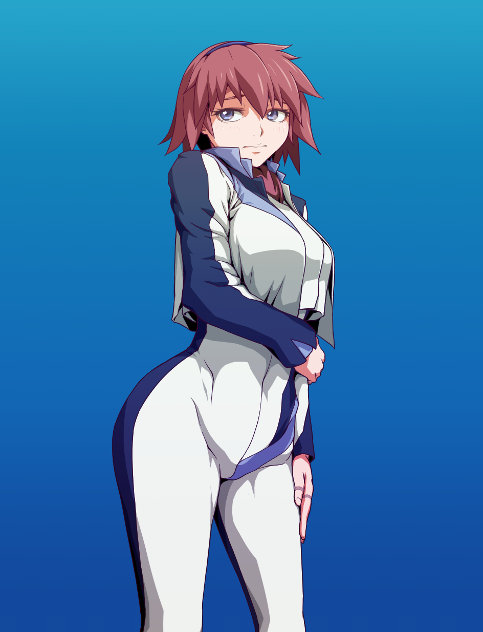1girl, blue_background, blue_eyes, bodysuit, breasts, canon_memphis, closed_mouth, commentary_request