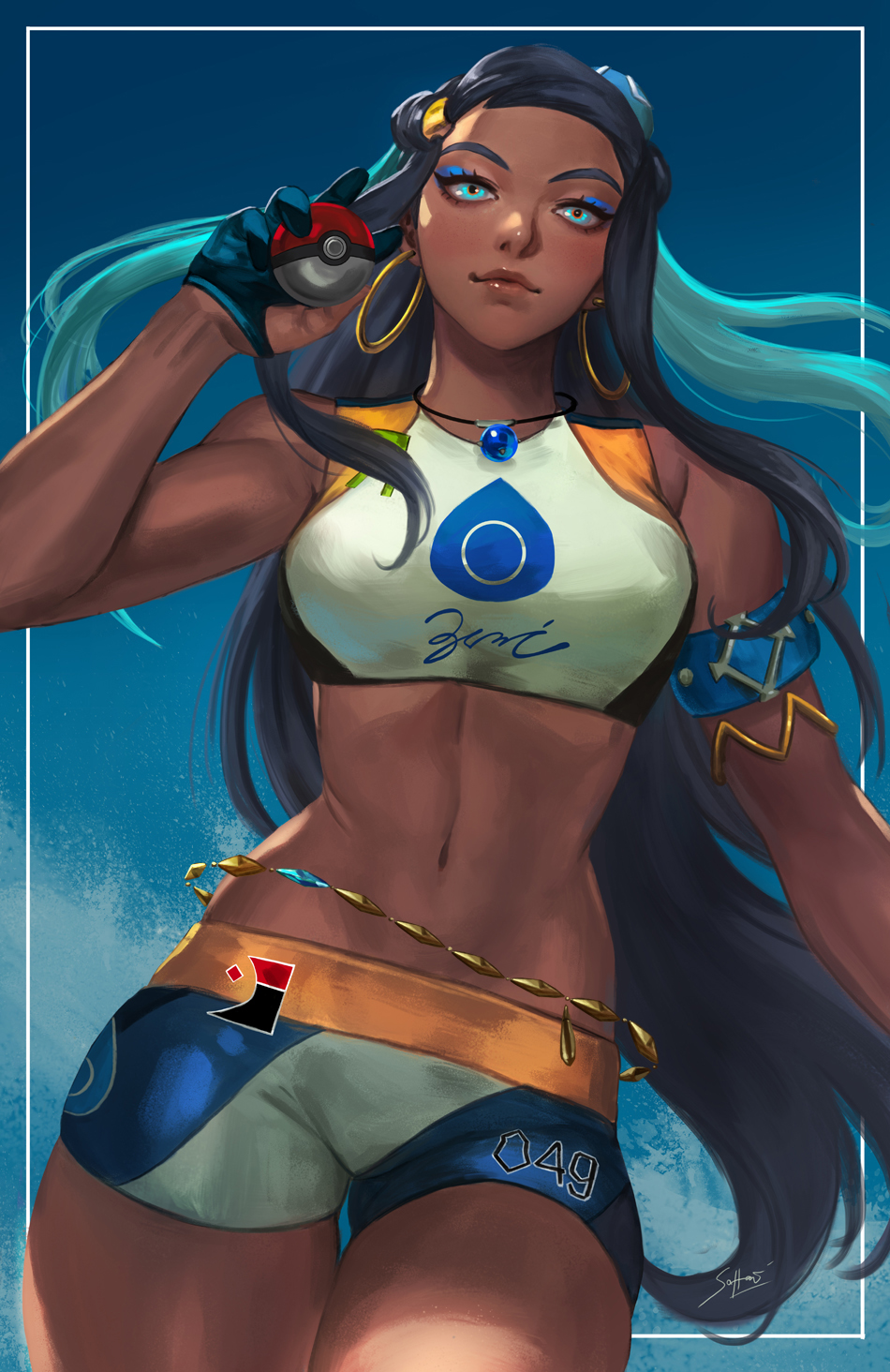 1girl, aqua_eyes, aqua_hair, belly_chain, black_hair, blue_eyeshadow, breasts, cowboy_shot, dark_skin, earrings, eyeliner, forehead, gloves, gym_leader, hair_bun, highres, holding, holding_poke_ball, hoop_earrings, jewelry, lips, looking_at_viewer, makeup, medium_breasts, midriff, multicolored_hair, navel, necklace, nose, partly_fingerless_gloves, poke_ball, poke_ball_(generic), pokemon, pokemon_(game), pokemon_swsh, rurina_(pokemon), shorts, single_glove, soffa, solo, sportswear, streaked_hair, swimsuit, tankini, thighs, toned, two-tone_hair