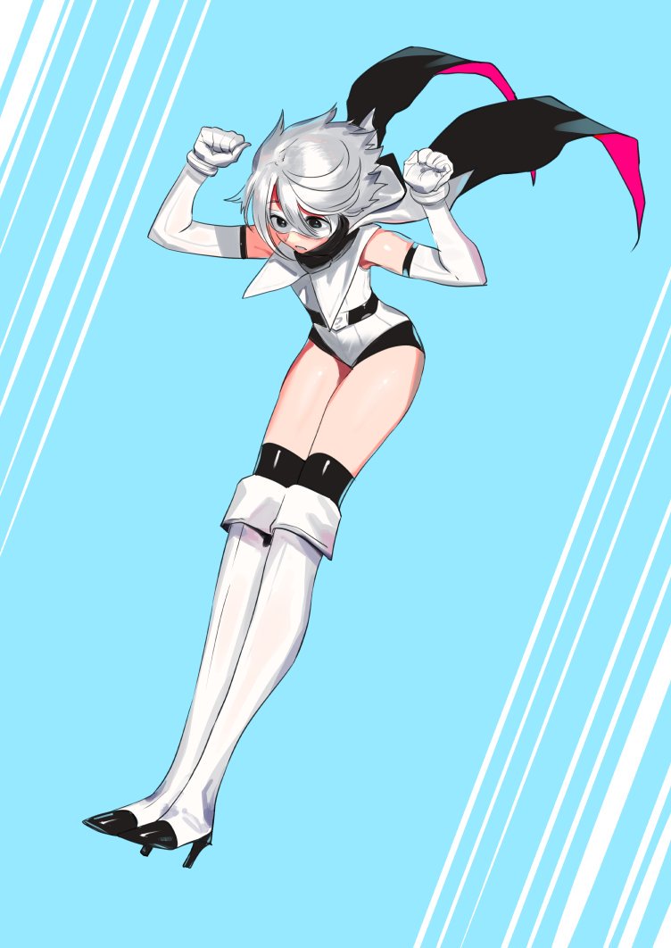 1girl, boots, bukimi_isan, elbow_gloves, gloves, grey_hair, high_heels, mask, motion_lines, official_art, short_hair, shy_(character), shy_(series), solo, thigh-highs, thigh_boots