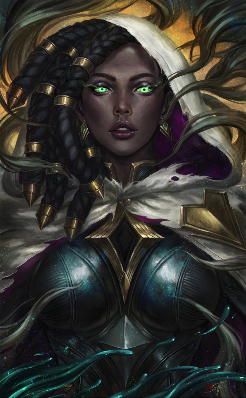 1girl, armor, asymmetrical_hair, breastplate, breasts, cloak, eyeshadow, glowing