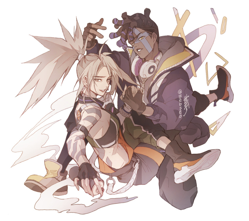 1boy, 1girl, akali, alternate_costume, baggy_clothes, bebseo, black_legwear, breasts