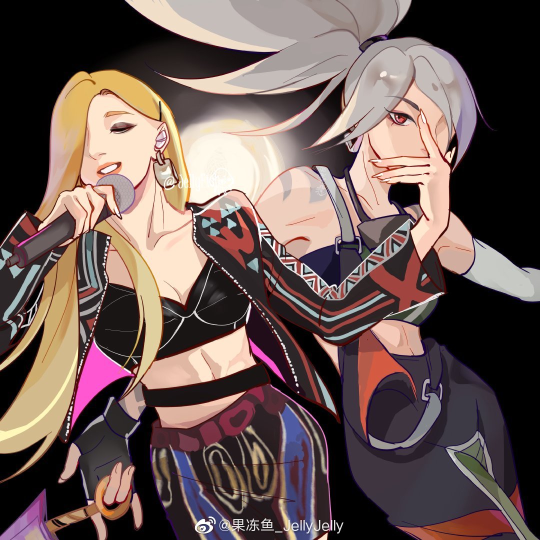 2girls, \m/, akali, arm_tattoo, backlighting, blonde_hair, breasts, collarbone