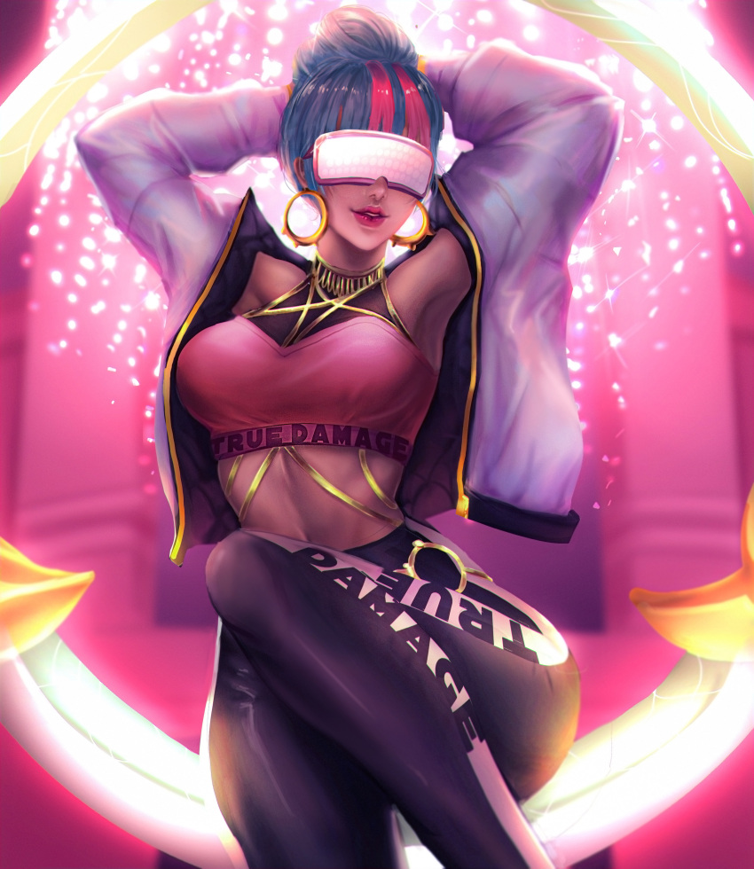 1girl, absurdres, armpits, arms_behind_head, arms_up, backlighting, bangs, blue_hair