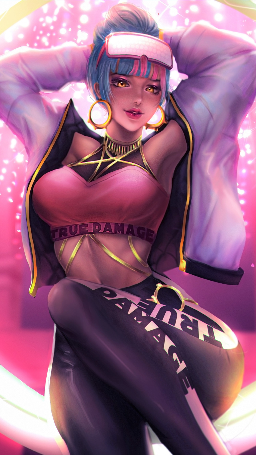 1girl, absurdres, armpits, arms_behind_head, arms_up, backlighting, bangs, blue_hair, blunt_bangs, breasts, commentary, dark_skin, earrings, english_commentary, eyewear_on_head, glasses, hair_bun, halter_top, halterneck, high-waist_pants, highres, hoop_earrings, jacket, jewelry, korean_commentary, league_of_legends, lipstick, lyn_e, makeup, medium_breasts, midriff, mixed-language_commentary, mole, mole_under_eye, navel, neck_ring, nose, o-ring_belt, off-shoulder_jacket, opaque_glasses, open_clothes, open_jacket, orange_eyes, pants, pink-framed_eyewear, pink_hair, purple_lipstick, qiyana_(league_of_legends), quilted_coat, see-through, solo, true_damage_(league_of_legends), true_damage_qiyana, yoga_pants