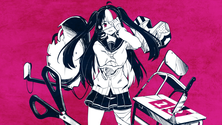 1girl, ahoge, bandaged_leg, bandages, cardigan, chair, commentary_request, crecia_selestewa