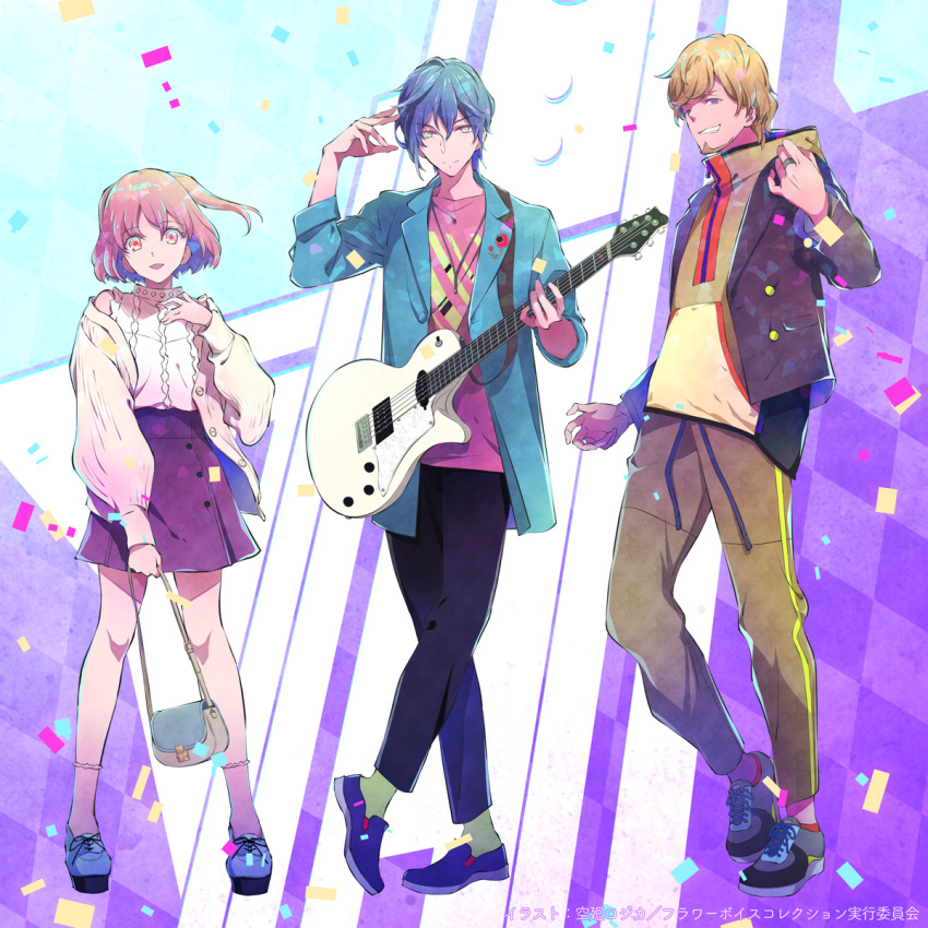 1girl, 2boys, bag, beard, black_pants, blue_footwear, blue_hair, blue_jacket